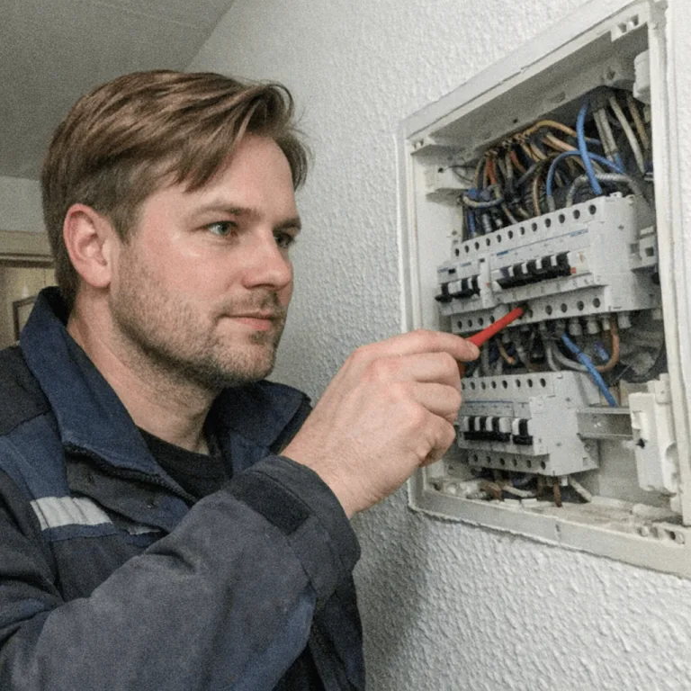 Fachmann bei der Prüfung der Stromkreise an einem geöffneten Sicherungskasten in einem Wohnhaus