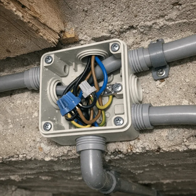 Detailaufnahme einer frisch verlegten und ordentlich geklemmten Abzweigdose an einer Kellerdecke